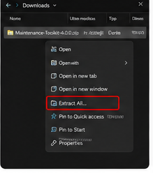 ZIP file menu with Extract All highlighted