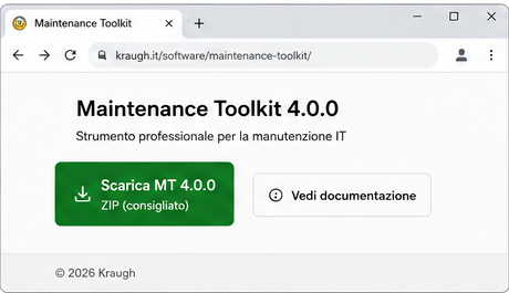 Pagina di Maintenance Toolkit con il pulsante Scarica MT 4.0.0