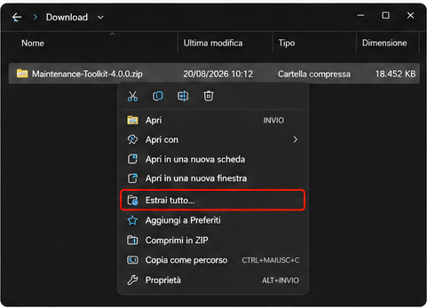 Menu del file ZIP con Estrai tutto evidenziato