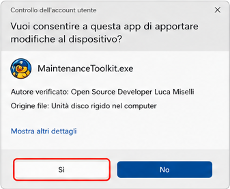Richiesta di Controllo dell'account utente con il pulsante Sì evidenziato